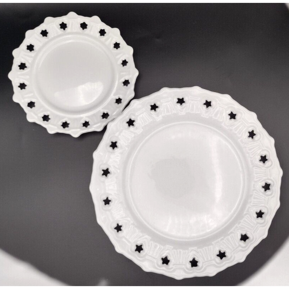 Set of 2 Two's Company White Plates, Lattice Star Edge, Heart Detail, Victorian